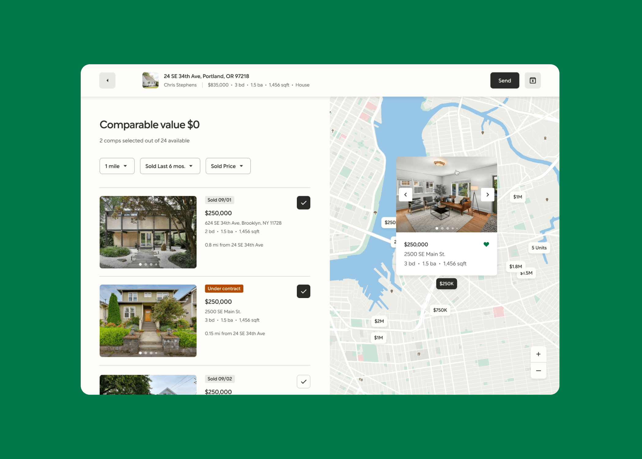 Screen of housing listing and map.