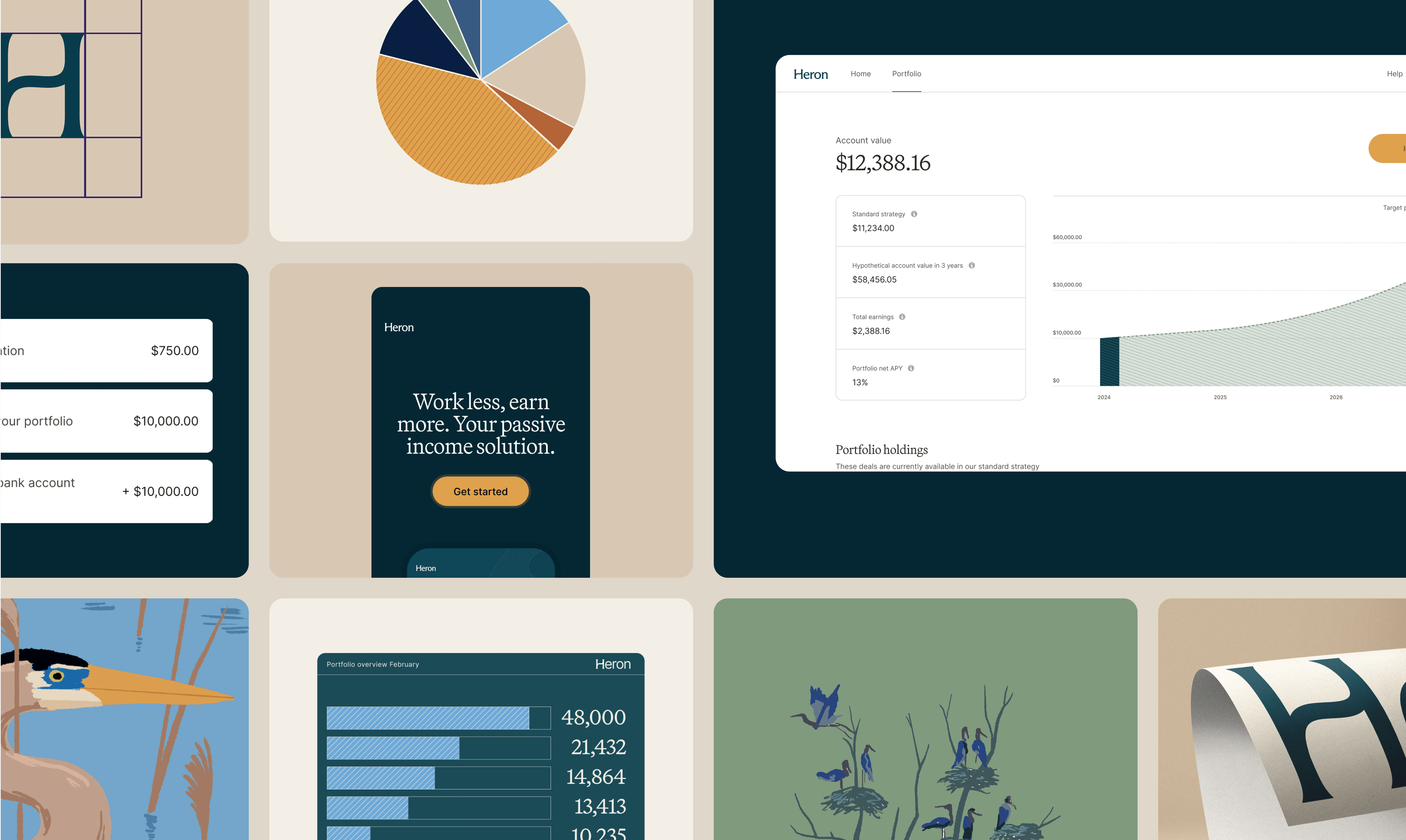 Grid of images related to Heron project. Includes Logo, pie chart, illustrations, bar charts and portfolio view.