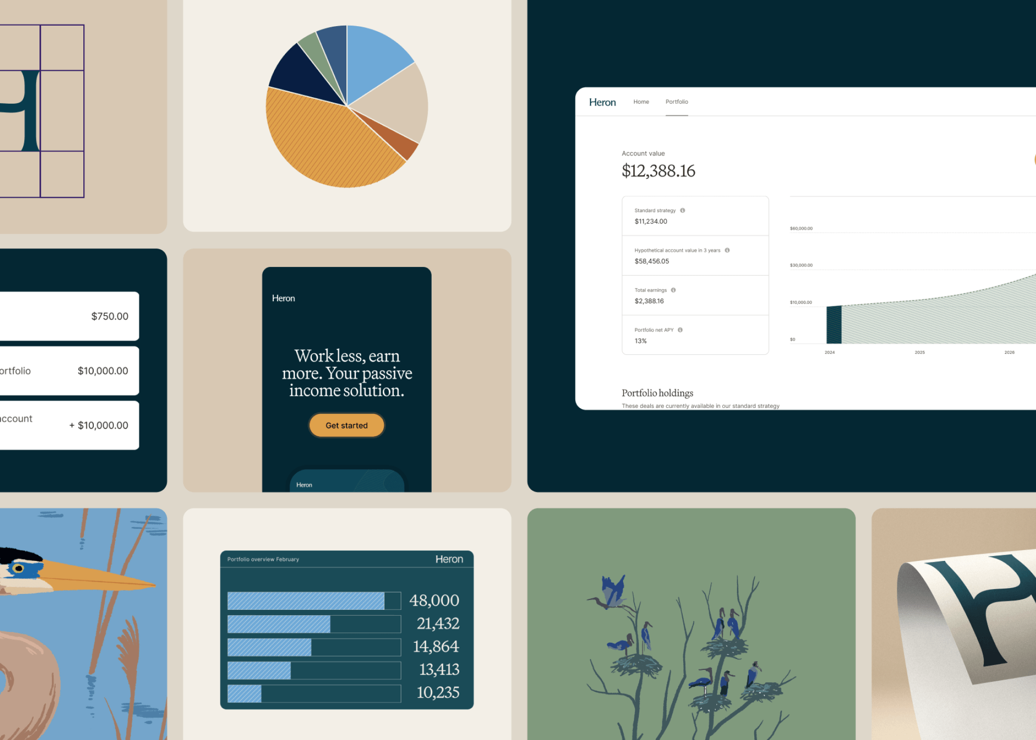 Grid of images related to Heron project. Includes Logo, pie chart, illustrations, bar charts and portfolio view.